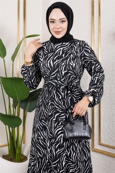 Desenli Tesettür Elbise SİYAH - Thumbnail