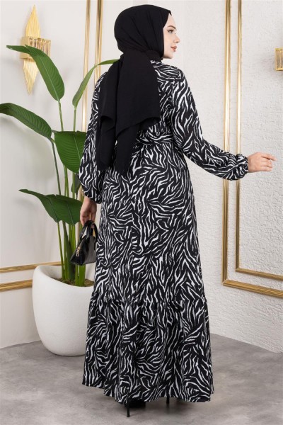 Desenli Tesettür Elbise SİYAH - Thumbnail
