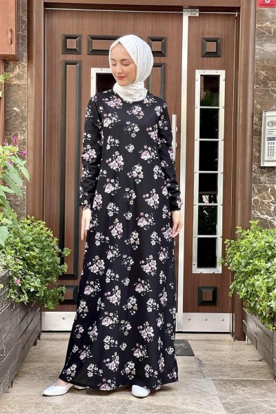 CAVENE - Desenli Tesettür Elbise SİYAH