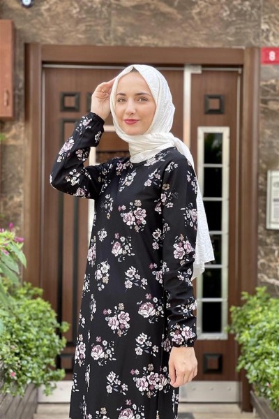 Desenli Tesettür Elbise SİYAH - Thumbnail