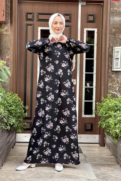 Desenli Tesettür Elbise SİYAH - Thumbnail