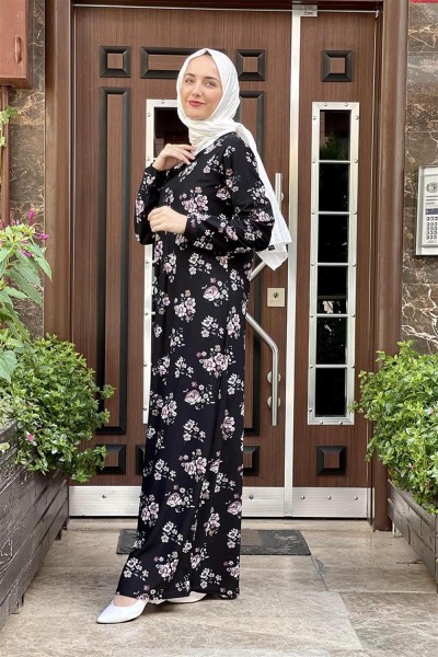 Desenli Tesettür Elbise SİYAH - Thumbnail
