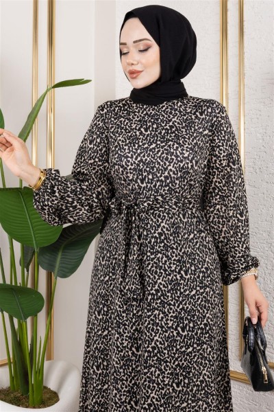 Desenli Tesettür Elbise TAŞ - Thumbnail