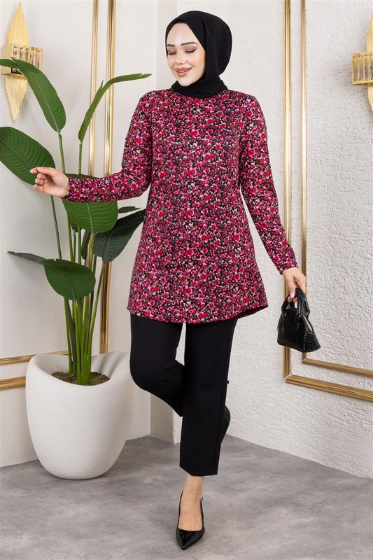 Desenli Tesettür Tunik BORDO - 1