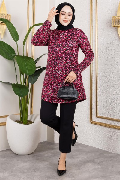 Desenli Tesettür Tunik BORDO - Thumbnail