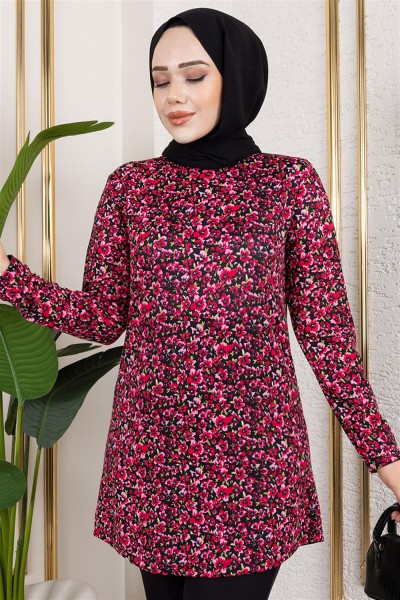 Desenli Tesettür Tunik BORDO - Thumbnail