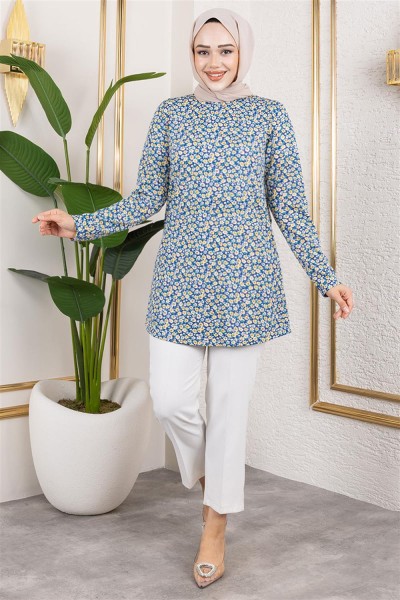 MYS - Desenli Tesettür Tunik İNDİGO