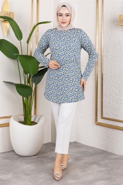 Desenli Tesettür Tunik İNDİGO - Thumbnail