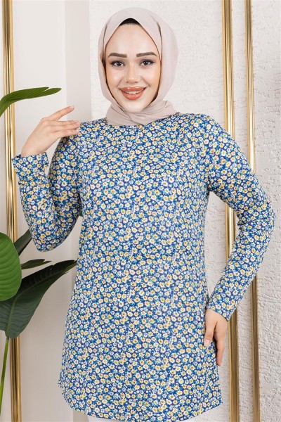 Desenli Tesettür Tunik İNDİGO - Thumbnail