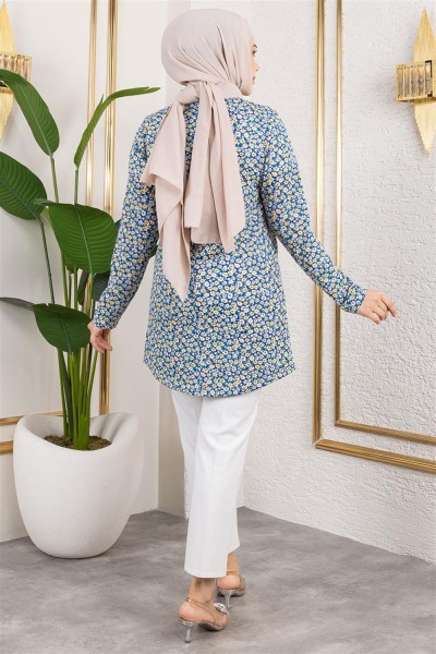Desenli Tesettür Tunik İNDİGO - Thumbnail