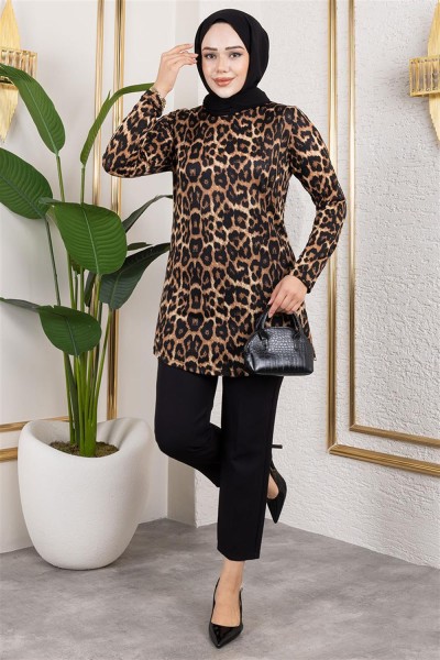 Desenli Tesettür Tunik KAHVERENGİ - Thumbnail