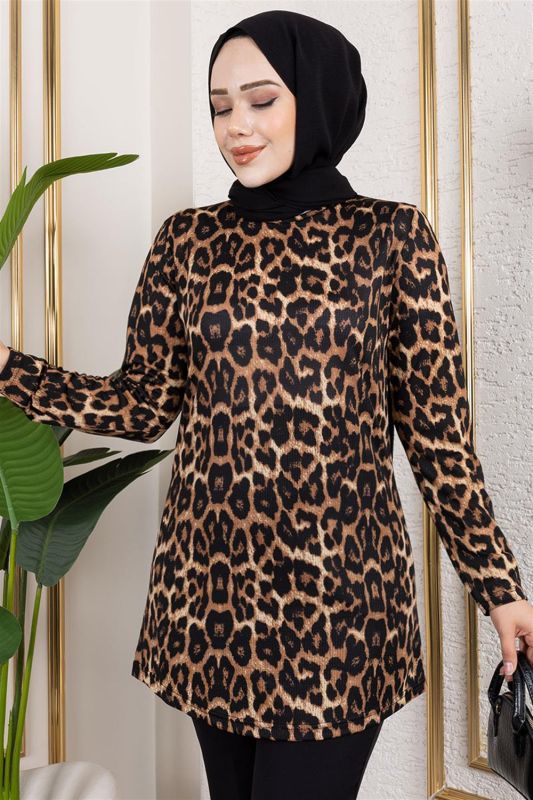 Desenli Tesettür Tunik KAHVERENGİ - 3