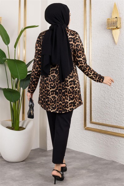 Desenli Tesettür Tunik KAHVERENGİ - Thumbnail