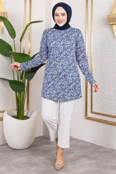MYS - Desenli Tesettür Tunik LACİVERT