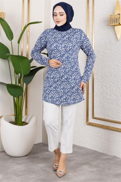 Desenli Tesettür Tunik LACİVERT - Thumbnail