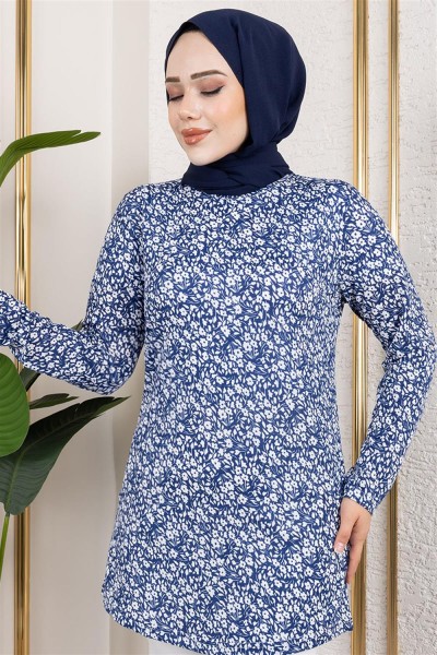 Desenli Tesettür Tunik LACİVERT - Thumbnail