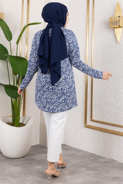 Desenli Tesettür Tunik LACİVERT - Thumbnail