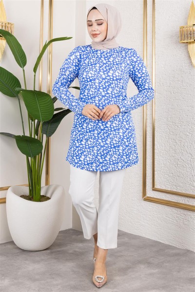 MYS - Desenli Tesettür Tunik SAKS MAVİSİ