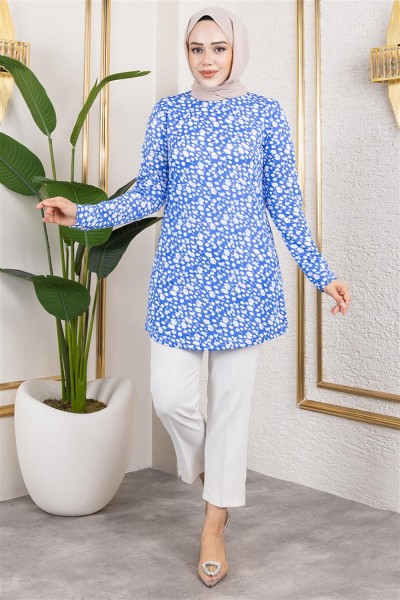 Desenli Tesettür Tunik SAKS MAVİSİ - Thumbnail