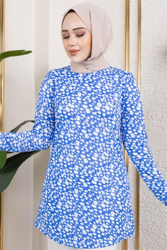 Desenli Tesettür Tunik SAKS MAVİSİ - 3