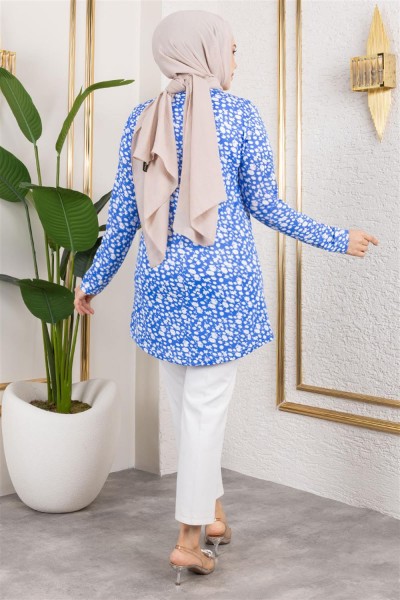 Desenli Tesettür Tunik SAKS MAVİSİ - Thumbnail