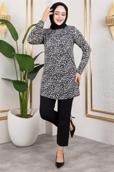 MYS - Desenli Tesettür Tunik SİYAH