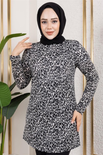 Desenli Tesettür Tunik SİYAH - Thumbnail