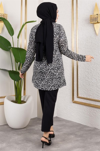 Desenli Tesettür Tunik SİYAH - Thumbnail