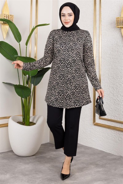Desenli Tesettür Tunik VİZON - Thumbnail