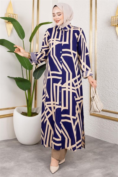 Desenli Viskon Takım LACİVERT - Thumbnail