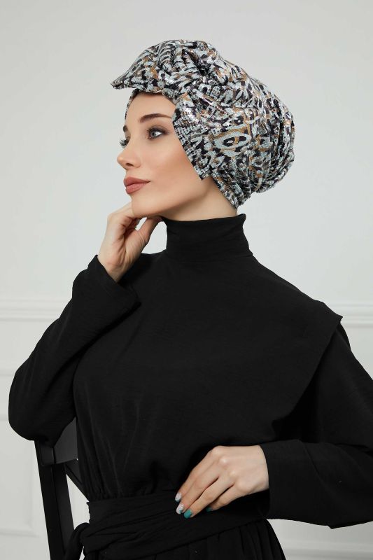 Giant Bow Sequined Bonnet, B-70B Gray Brown Sequined - 3