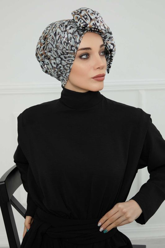 Giant Bow Sequined Bonnet, B-70B Gray Brown Sequined - 4