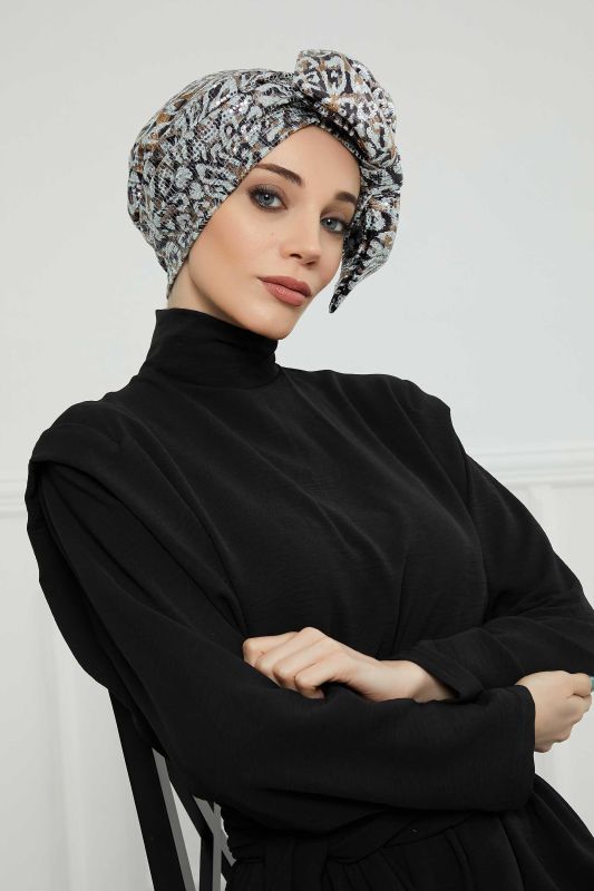 Giant Bow Sequined Bonnet, B-70B Gray Brown Sequined - 5