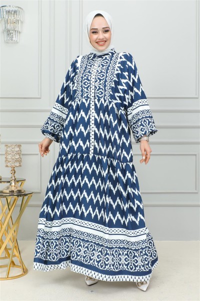 Dijital Baskılı Tesettür Elbise LACİVERT - Thumbnail