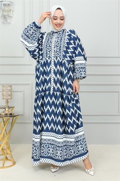 Dijital Baskılı Tesettür Elbise LACİVERT - Thumbnail