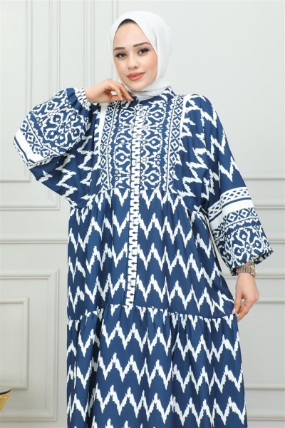 Dijital Baskılı Tesettür Elbise LACİVERT - Thumbnail