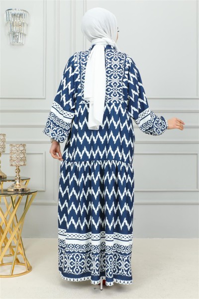 Dijital Baskılı Tesettür Elbise LACİVERT - Thumbnail