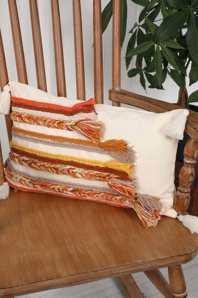 Moda Çizgi - Rectangular Knitted Striped Throw Pillow Cover, K-208 Cream - Orange