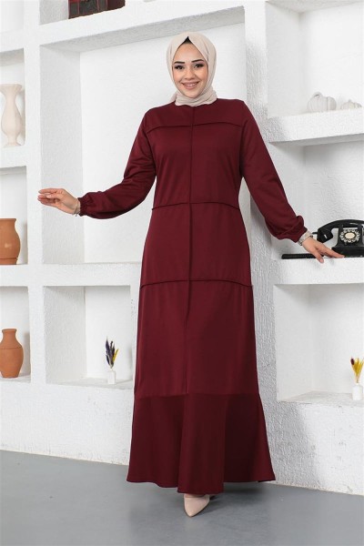 Dikiş Detaylı Elbise BORDO - Thumbnail