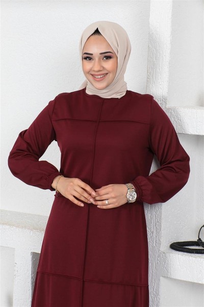 Dikiş Detaylı Elbise BORDO - Thumbnail