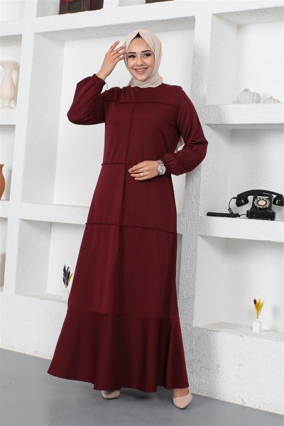 Dikiş Detaylı Elbise BORDO - Thumbnail