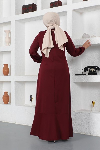 Dikiş Detaylı Elbise BORDO - Thumbnail