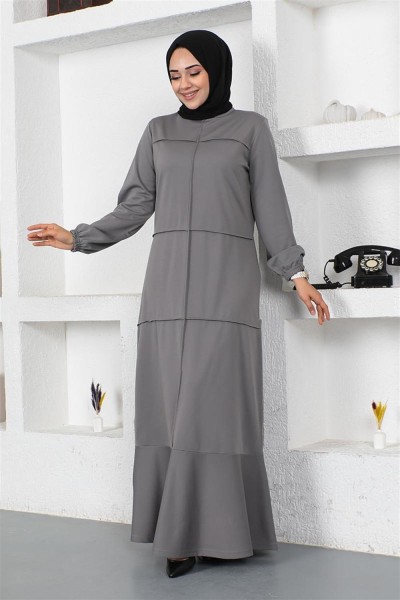 Dikiş Detaylı Elbise GRİ - Thumbnail