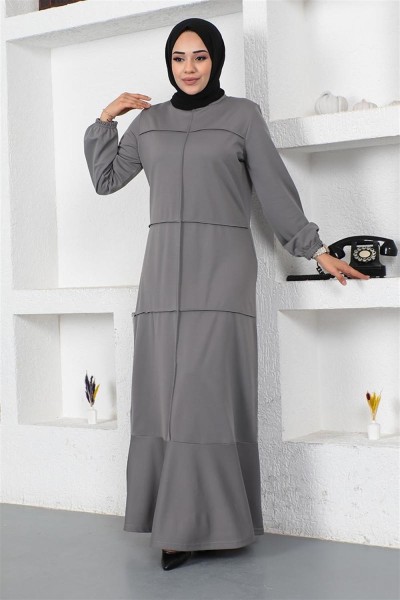 Dikiş Detaylı Elbise GRİ - Thumbnail