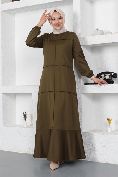 MG - Dikiş Detaylı Elbise HAKİ