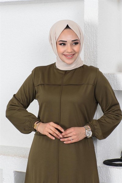 Dikiş Detaylı Elbise HAKİ - Thumbnail