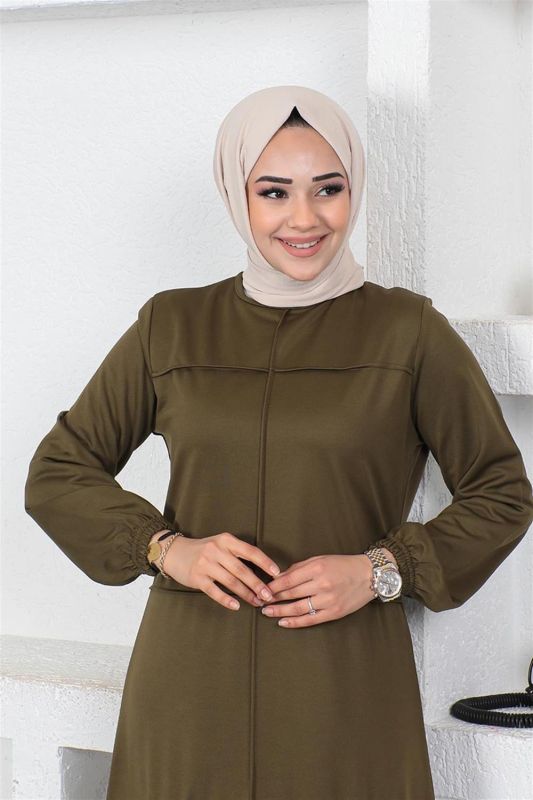 Dikiş Detaylı Elbise HAKİ - 3