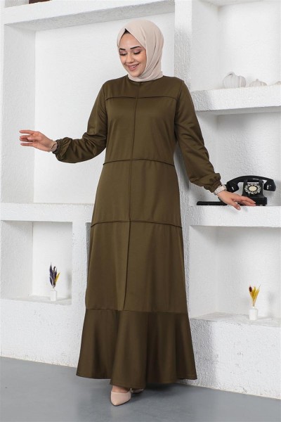 Dikiş Detaylı Elbise HAKİ - Thumbnail