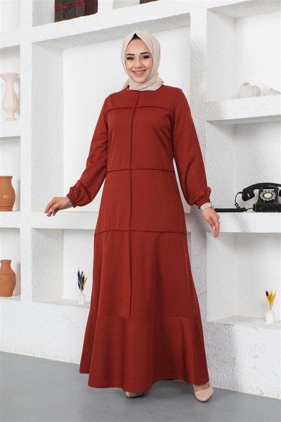 Dikiş Detaylı Elbise KİREMİT - Thumbnail