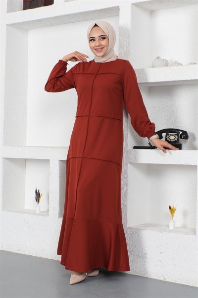 Dikiş Detaylı Elbise KİREMİT - Thumbnail